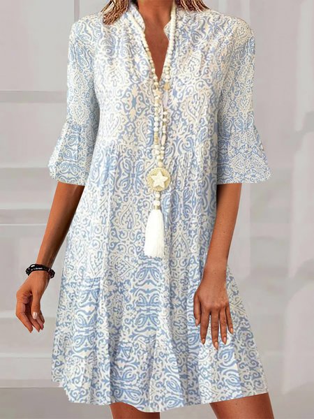 

Floral Loose Casual Stand Collar Dress, Blue, Mini Dresses