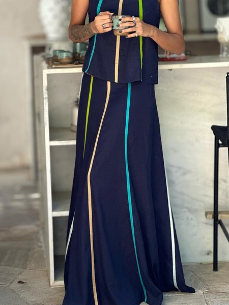

Striped Loose Casual Maxi Skirt, Blue, Skirts