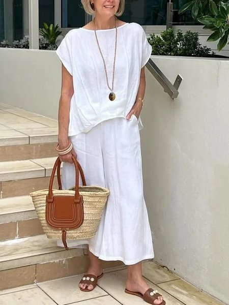 

Loose Linen Plain Two-Piece Set, White, Suits