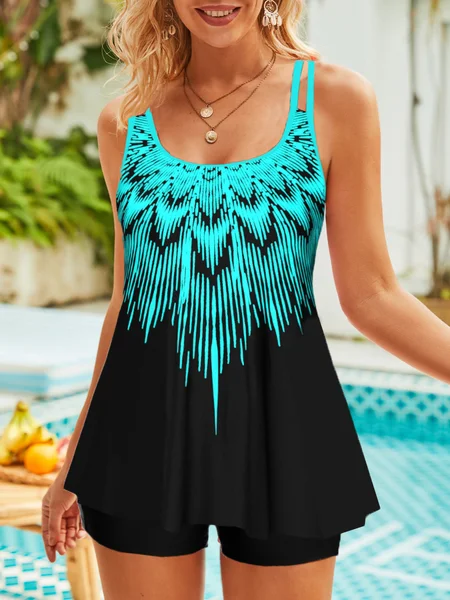 

Vacation Ethnic Printing Scoop Neck Tankini, Black, swimwear>>Tankinis