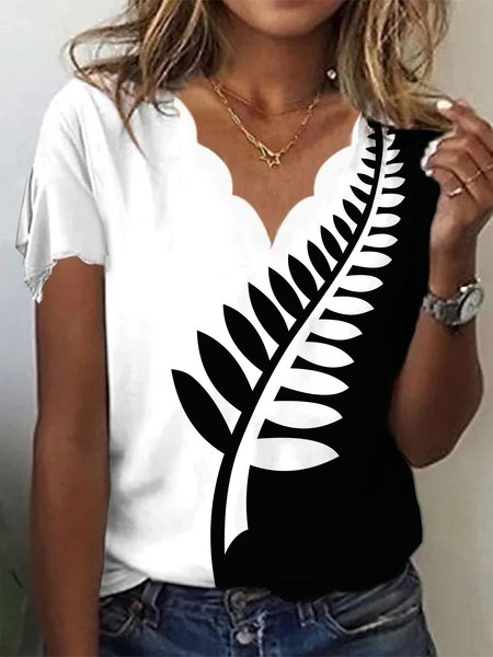 

Color Block Casual Loose V Neck T-Shirt, Black-white, T-Shirts