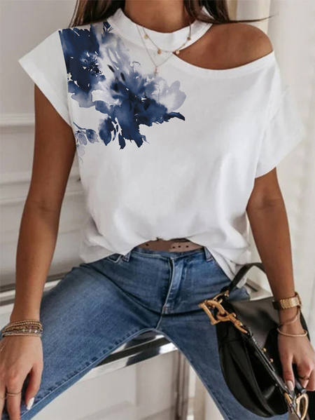 

Plus Size Floral Casual Crew Neck T-Shirt, White, Tops