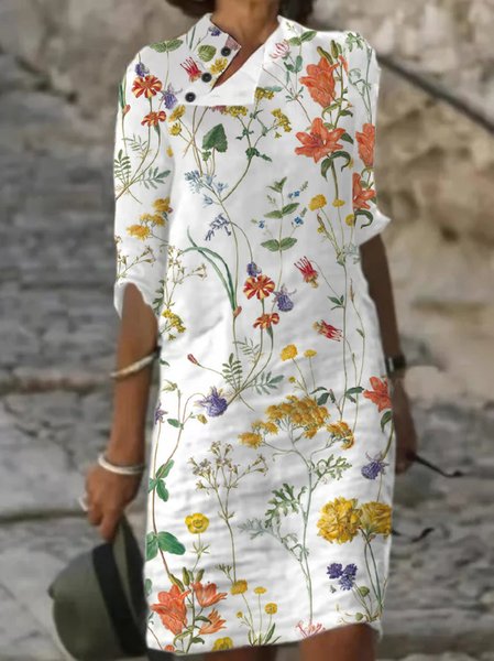 

Floral Casual Stand Collar Dress, White, Dresses