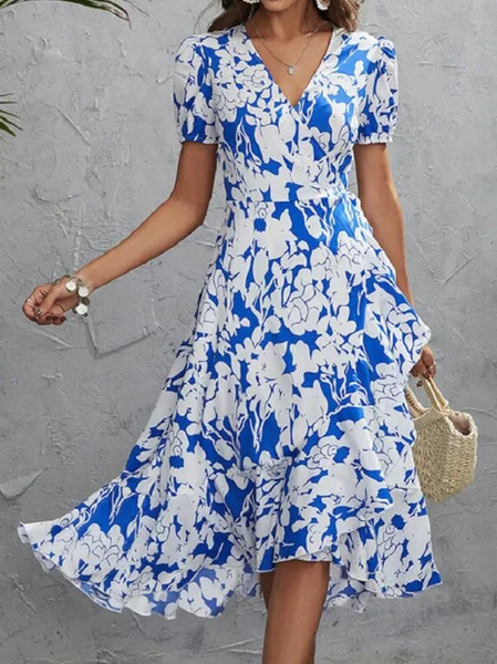 

Vacation Floral V Neck Dress, Blue, Dresses