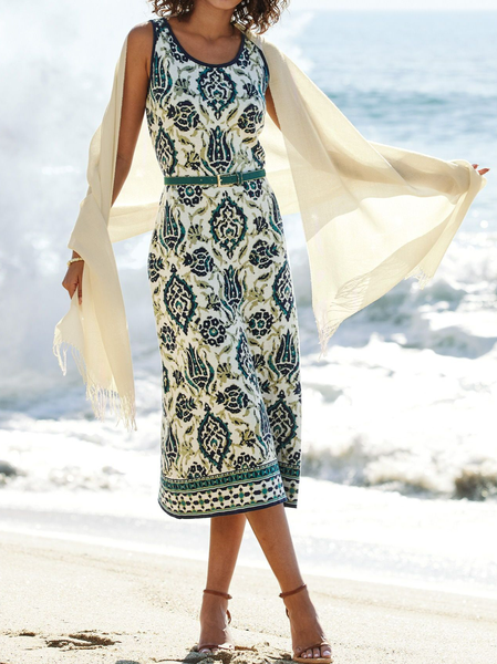 

Crew Neck Boho Loose Ethnic Dress, Darkgreen, Dresses