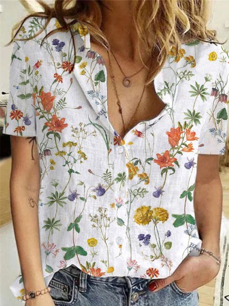 Loose Shirt Collar Floral Linen Blouse, White, Shirts & Blouses