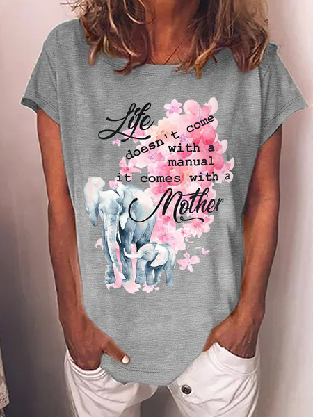 

Women's Sweet Cute Gift For Mom Life Doesn't Come With A Manual It Comes With A Mother Casual Loose Elephant Cotton T-Shirt, Gray, T-shirts