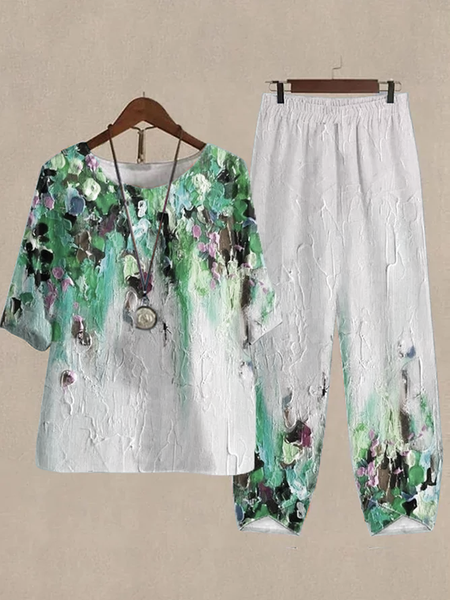 

Loose Ombre Crew Neck Casual Two-Piece Set, Green, Tops