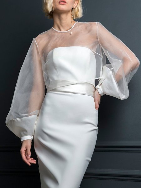 

Plain Elegant Crew Neck Lantern Sleeve Organza Blouse, White, Blouses and Shirts
