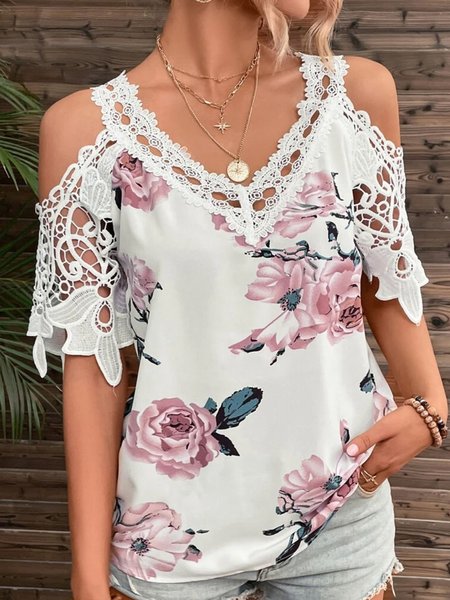 

Vacation V Neck Floral Shirt, White, Shirts & Blouses