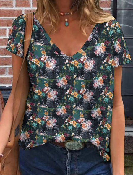 

Women's Flower Collage V Neck Casual T-Shirt, As picture, T-shirts
