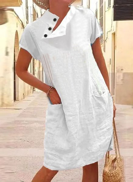 

Linen Loose Plain Stand Collar Dress, White, Dresses