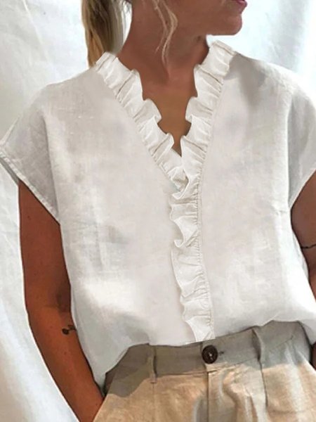 

Women Elegant Ruffled Trim V Neck Cotton and Linen Summer Short Sleeve Blouse, White, Blouses & Shirts