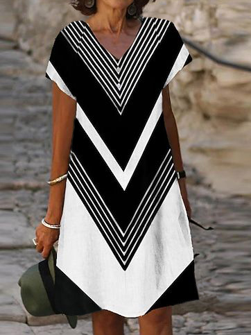 

Casual Loose Geometric V Neck Dress, Black-white, Dresses