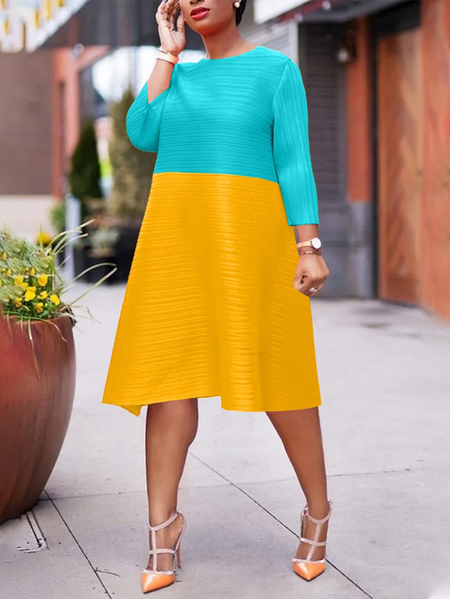 

Plus Size Color Block Elegant Crew Neck Dress, Yellow, Plus Dresses