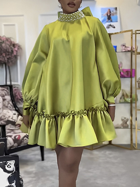 

Plus Size Plain Loose Elegant Mini Dress, Yellow, Plus Dresses