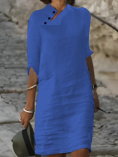 

Women Plain Button Detail Casual Cotton And Linen Dress, Blue, Dresses
