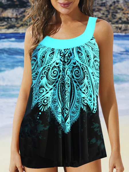 

Vacation Ethnic Printing Scoop Neck Swim Dress, Black, swimwear>>Tankinis