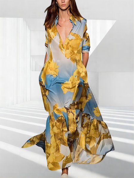 

V Neck Vacation Regular Fit Floral Dress, As picture, Maxi Dresses
