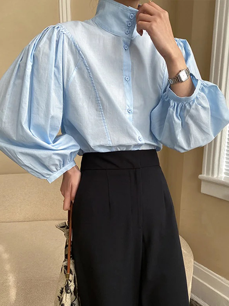 

Loose Lightweight Plain Urban Stand Collar Three Quarter Blouse, Blue, Blouses and Shirts