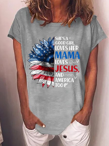 

Women’s She’s Good Girl Loves Her Mama Loves Jesus And America Too Crew Neck Text Letters Casual T-Shirt, Gray, T-shirts