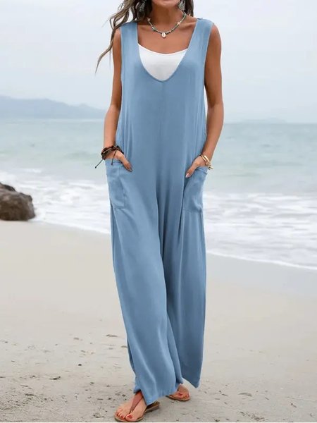 

Summer Women's V Neck Plain Loose Casual Jumpsuit, Blue, Jumpsuits & Rompers