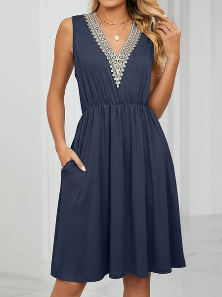 

Plain Casual Lace Edge V Neck Dress, Blue, Dresses
