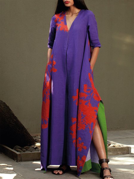

Loose V Neck Floral Elegant Dress, As picture, Maxi Dresses