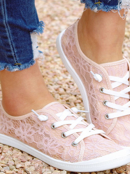 

Lace Floral Casual Lace-Up Canvas Shoes, Pink, Sneakers