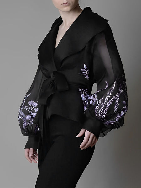 

Plus Size Regular Fit Elegant Floral Shawl Collar Blouse, Black, Plus Tops