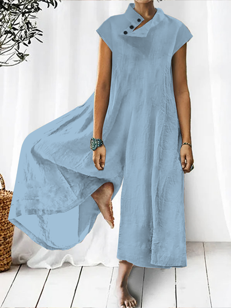 

Women Plain Half Open Collar Button Cotton Linen Jumpsuit, Blue, Jumpsuits & Rompers