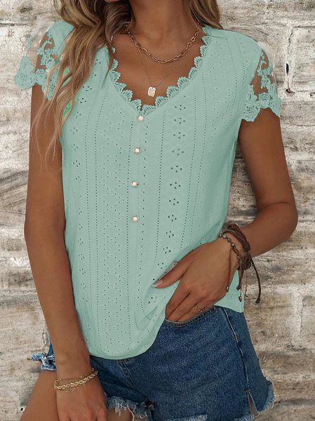 

Women Casual Plain Loose V Neck Lace Button Short Sleeve Summer T-Shirt, Green, Tees & T-shirts