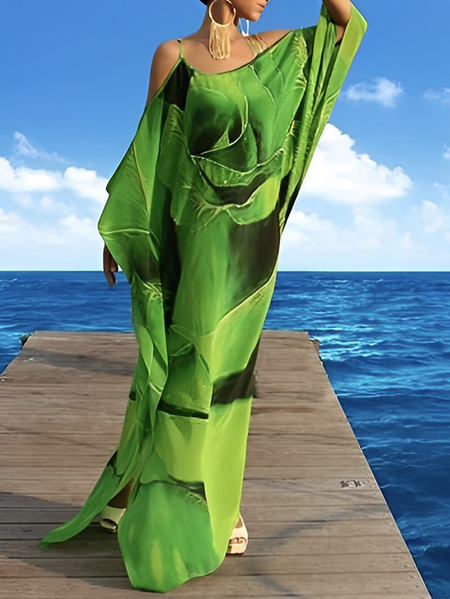 Plus Size Vacation Floral Loose Maxi Dress, Green, Plus Dresses