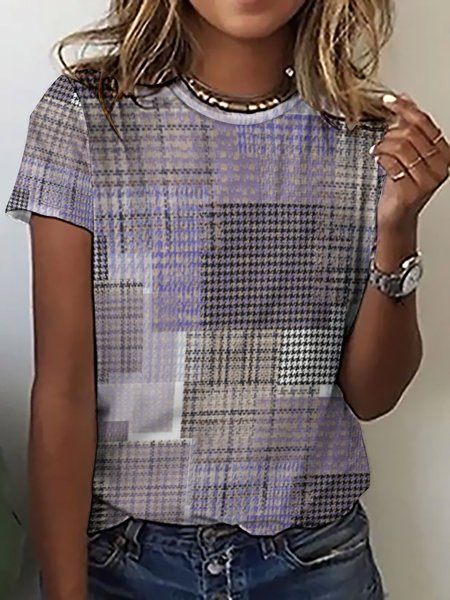 

Women's Geometric Plaid Houndstooth Casual Crew Neck T-Shirt, As picture, T-shirts