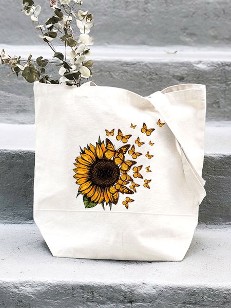 

Women’s Butterfly Sunflower Print Casual Shopping Tote, White, Bags