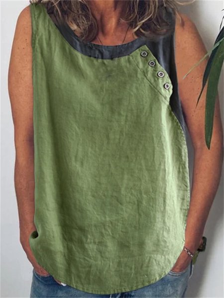 

Women Casual Green Loose Crew Neck Button Sleeveless Summer Cotton Linen Tank Top, Tank Tops & Camis