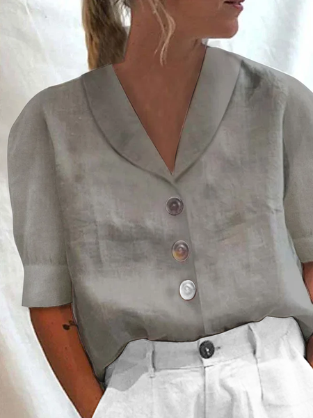 

JFN Cotton Loose Shawl Collar Buttoned Short Sleeve Blouse, Gray, Shirts