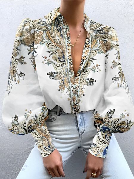 

Plus Size Urban Floral Shirt Collar Blouse, White, Plus Tops