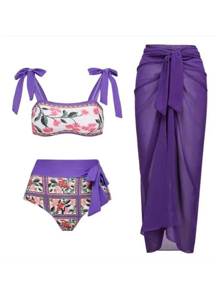 

Elegant Floral Printing Scoop Neck Bikini With Cover Up, Purple, Bikini Sets