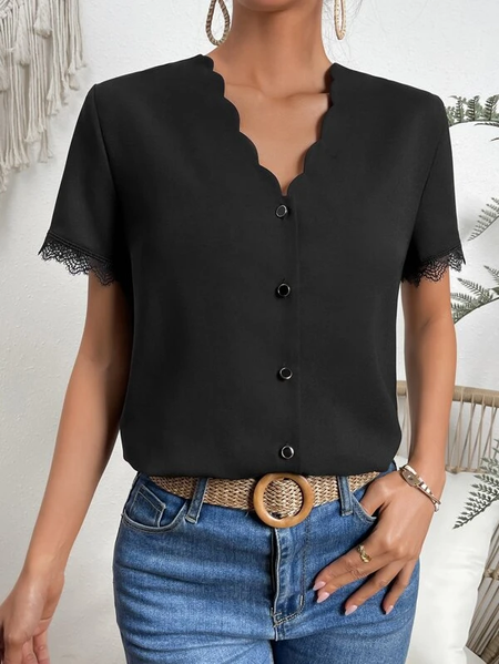 

Lace Scallop Trim Button Front Shirt, Black, Shirts & Blouses
