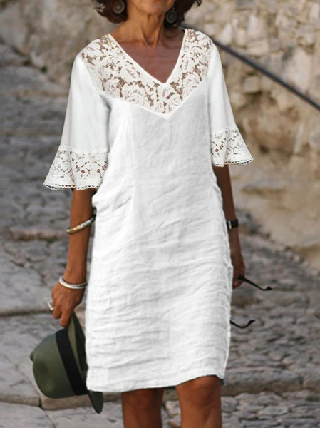 

Women's Linen Lace Flare Sleeve Loose V Neck Dress, White, Dresses