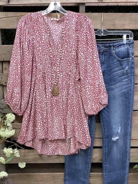

Loose Abstract Polka Dots V Neck Top, Pink, Blouses