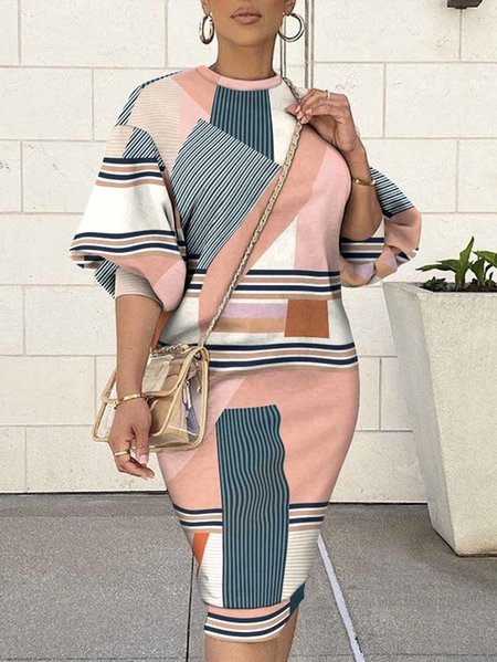 

Plus Size Elegant Colorblock Crew Neck Regular Fit Dress, Pink, Plus Dresses