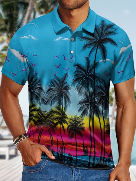 

Men's Seaside Coconut Art Print Printing Striped Vacation Regular Fit Polo Shirt, As picture, T-shirts
