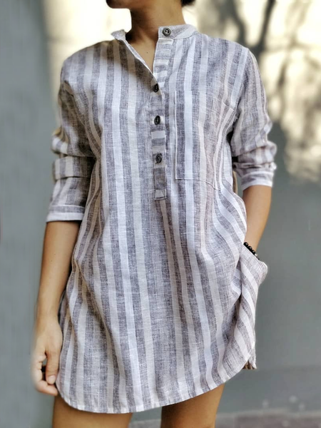 

Half Open Collar Buttoned Loose Linen Shirt, Blue, Mini Dresses