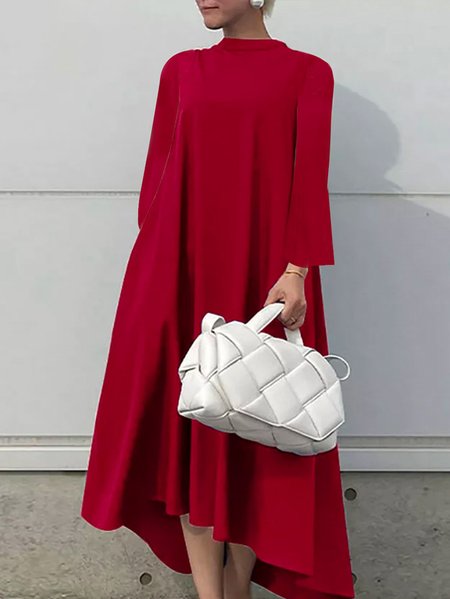 

Plus Size Regular Fit Elegant Plain Stand Collar Dress, Red, Plus Dresses