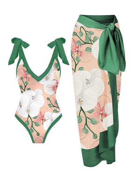 Elegant Floral Printing V Neck One Piece With Cover Up, Green, swimwear>>One-Pieces