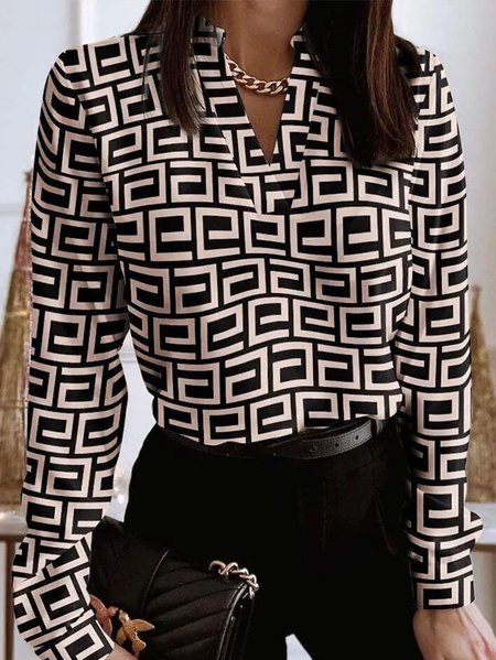 

Plus Size V Neck Urban Geometric Regular Fit Shirt, Black, Tops