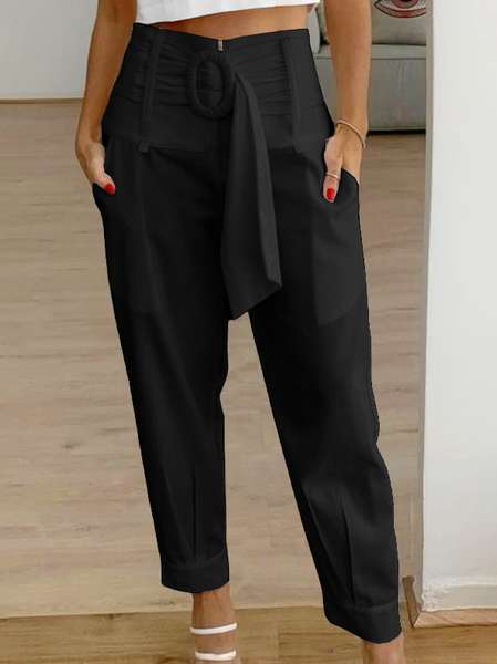 

Women Plain High Waist Pockets Tie Belt Zipper Loose Casual Cargo Pants, Black, Pants