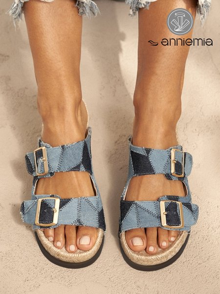 

Blue Denim Color Block Buckle Decor Espadrille Slide Sandals, Sandals